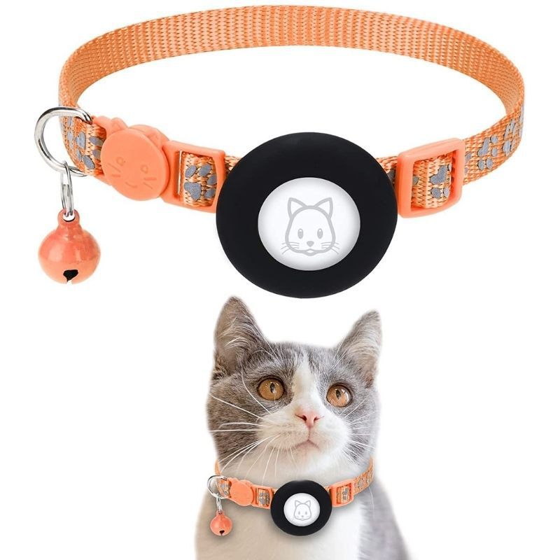 Orange Reflective Cat Collar with Air Tag Holder & Bell
