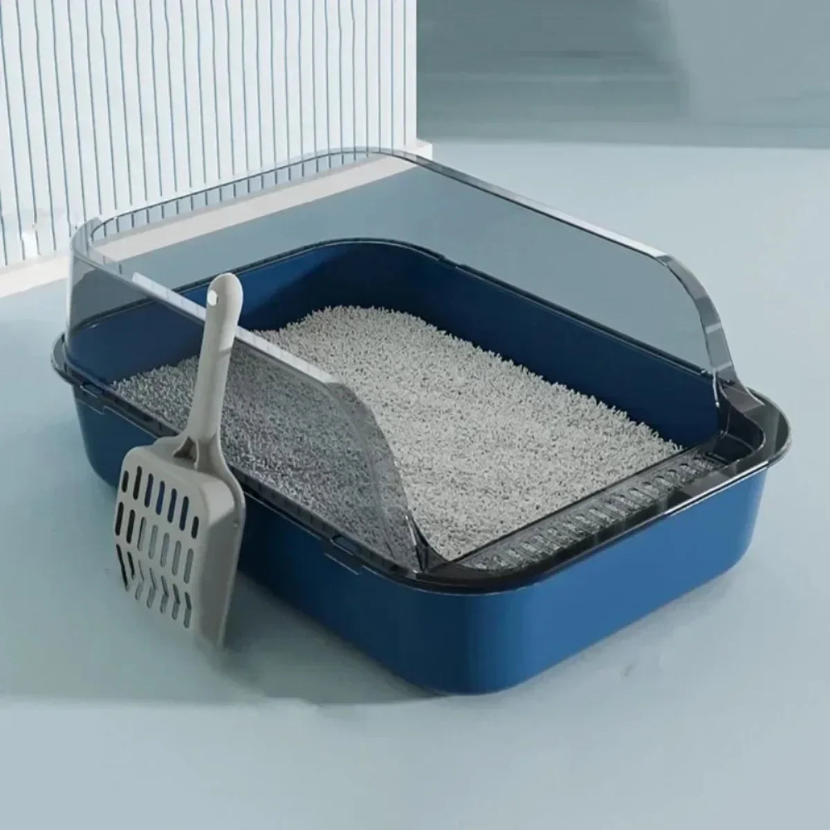 Blue Cat Litter Box Semi-Enclosed High Sided & Splashproof with Litter Scoop