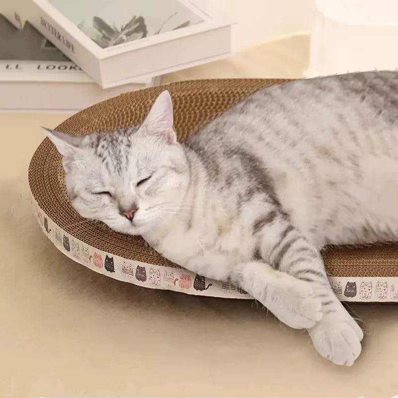 Cat Lounging on the Corrugated Cat Scratcher, Oval, Wear-Resistant Cat Bed