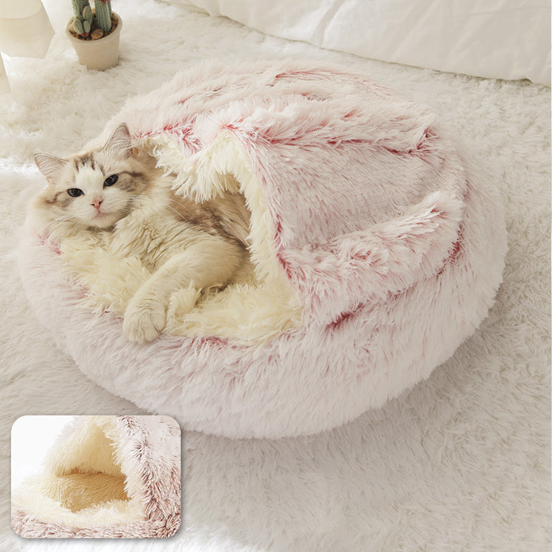 Pink plush pet bed nest cave
