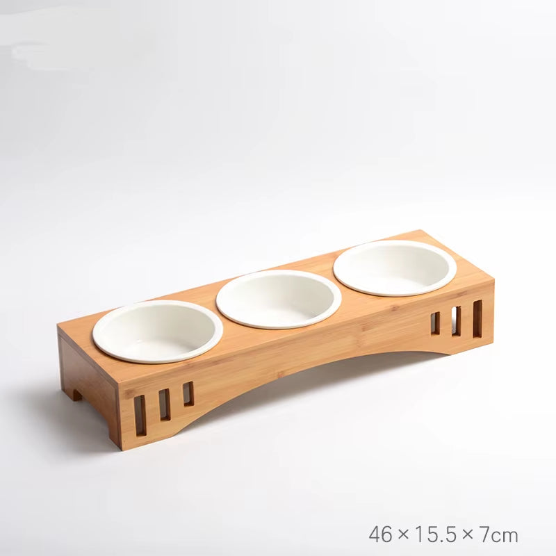 Bamboo Pet bowl holder and 3 Ceramic bowls