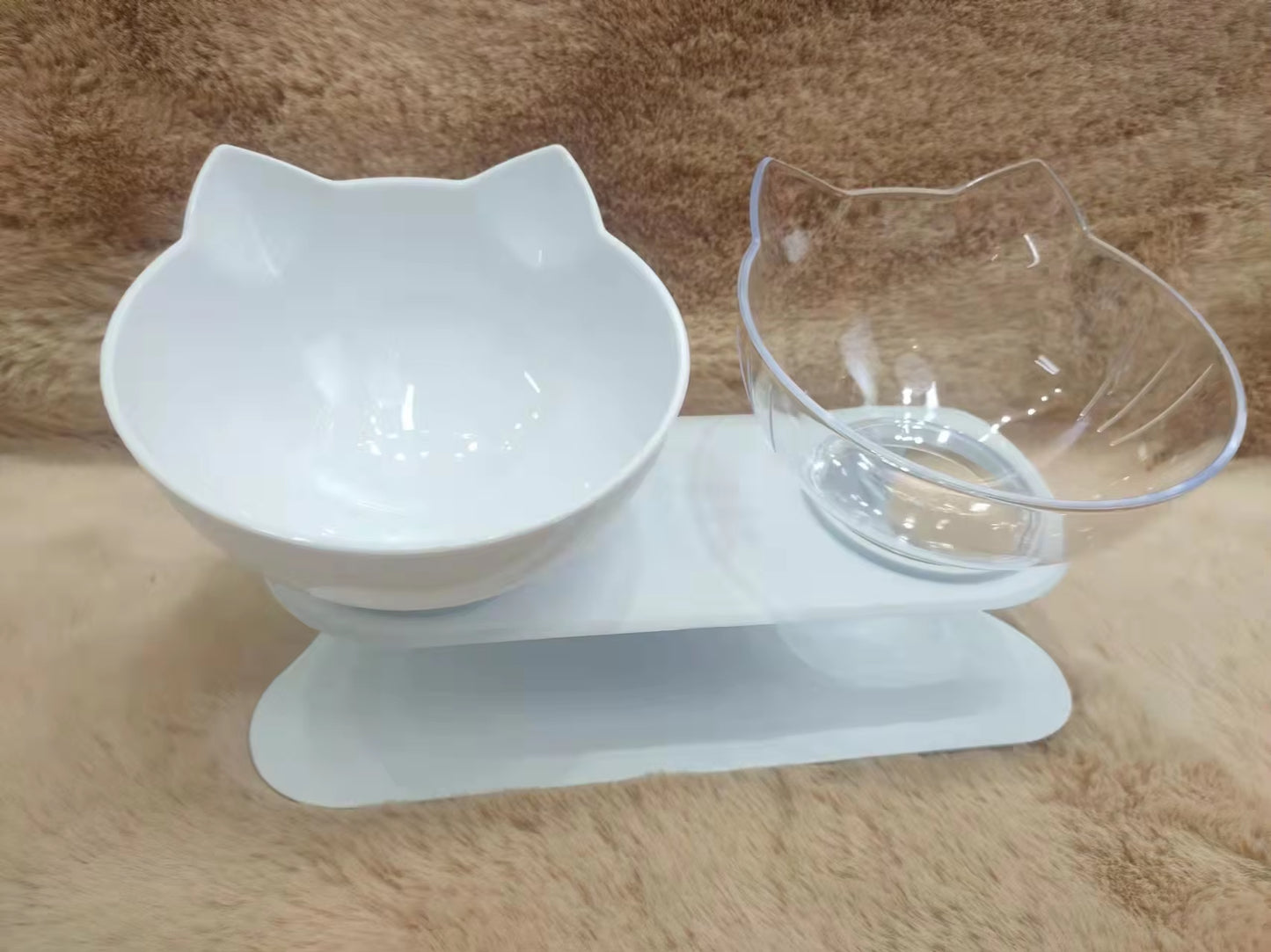 White & Clear Non-Slip Double Cat Bowl Pet Water Food Inclination Stand Cats Kitten Feeding Bowl