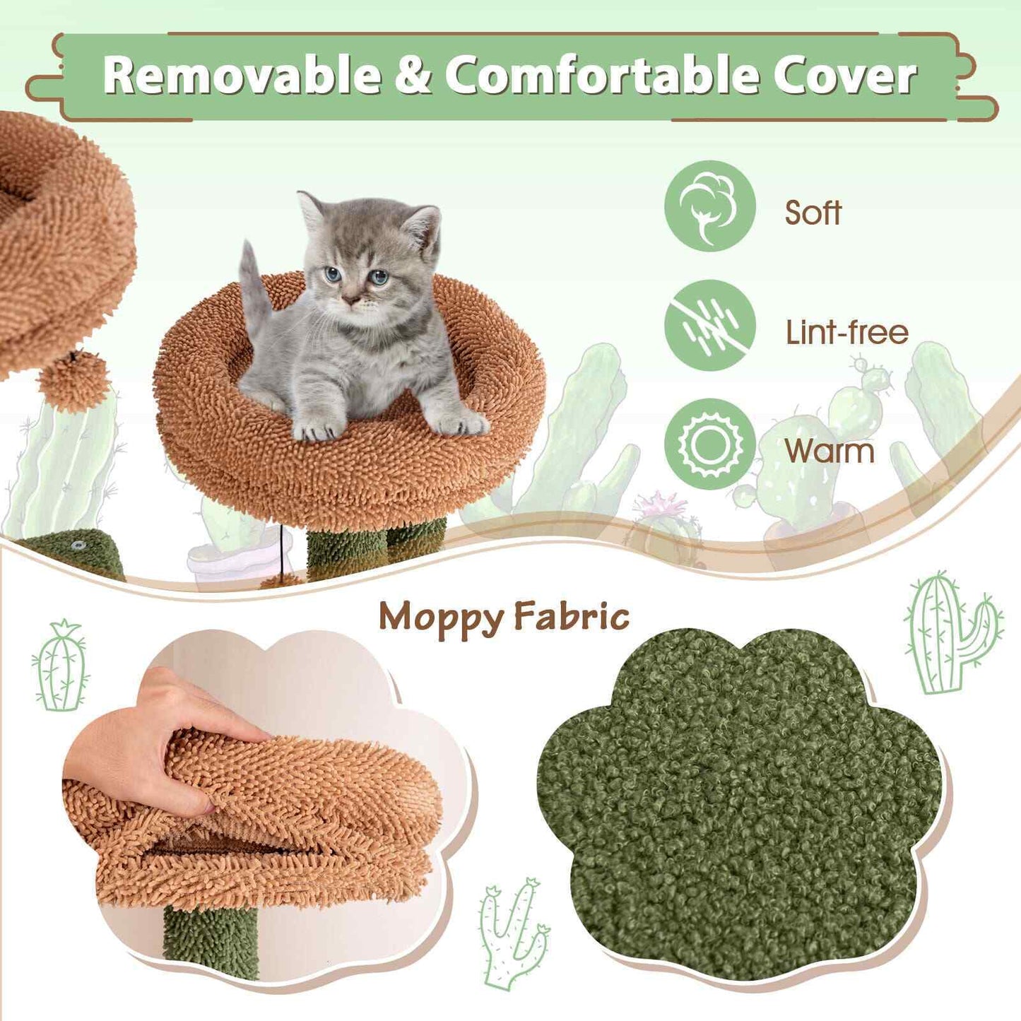 COSTWAY 160 Cm Tall Modern Cat Tree Green Cactus Cat Tower W/Hammock