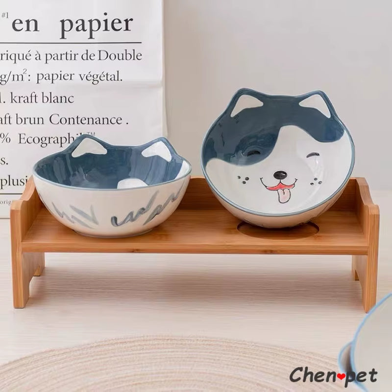 Cute Puppy Face on Ceramics Pet Food Bowl Pet Supplies Ceramic Bowl with Wooden Stand