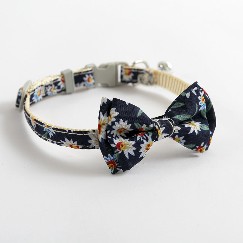 Navy with Sunflowers Stylish Cat Collar with Safety Buckle, Bell & Attractive Bow