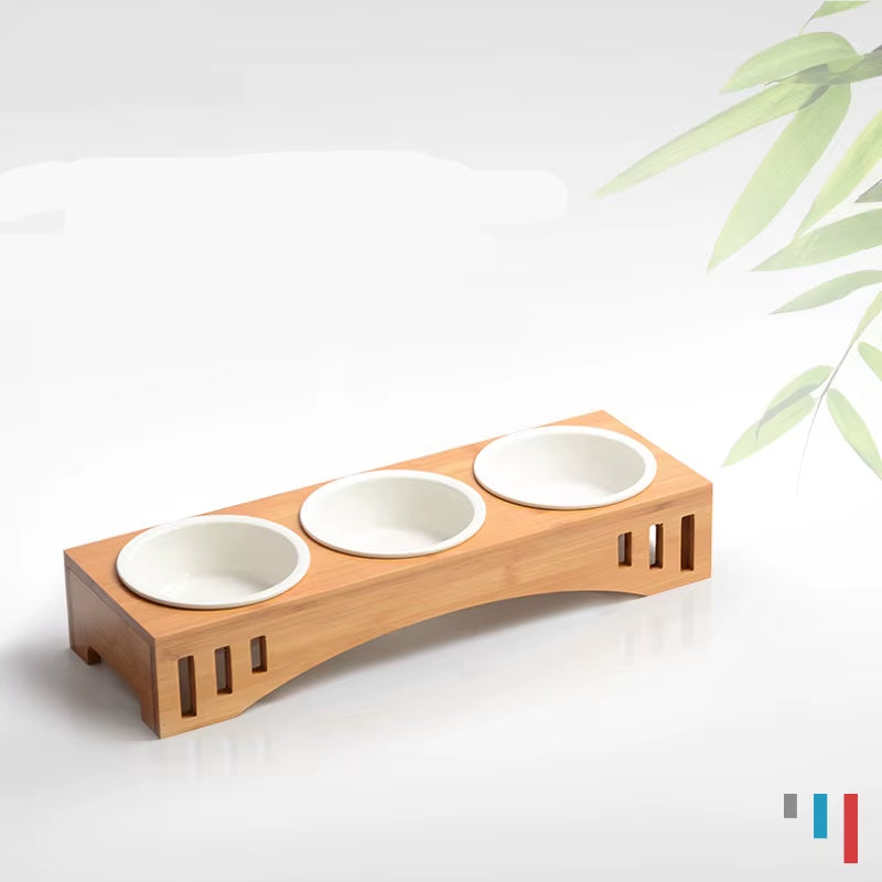 Bamboo Pet bowl holder and 3 Ceramic bowls