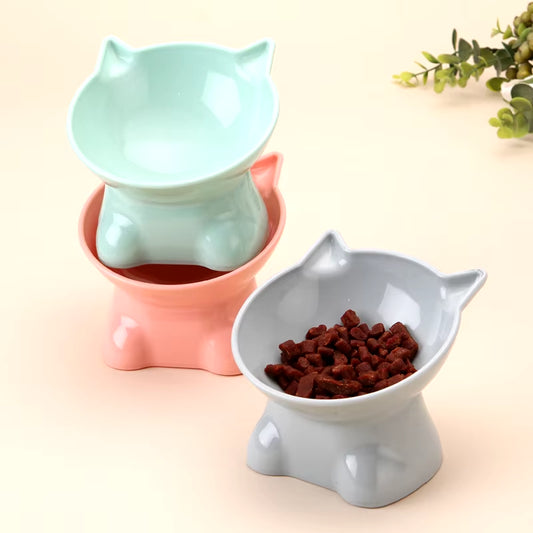 Grey Green Pink Cat Bowl with High Feet and Neck Protecting Design