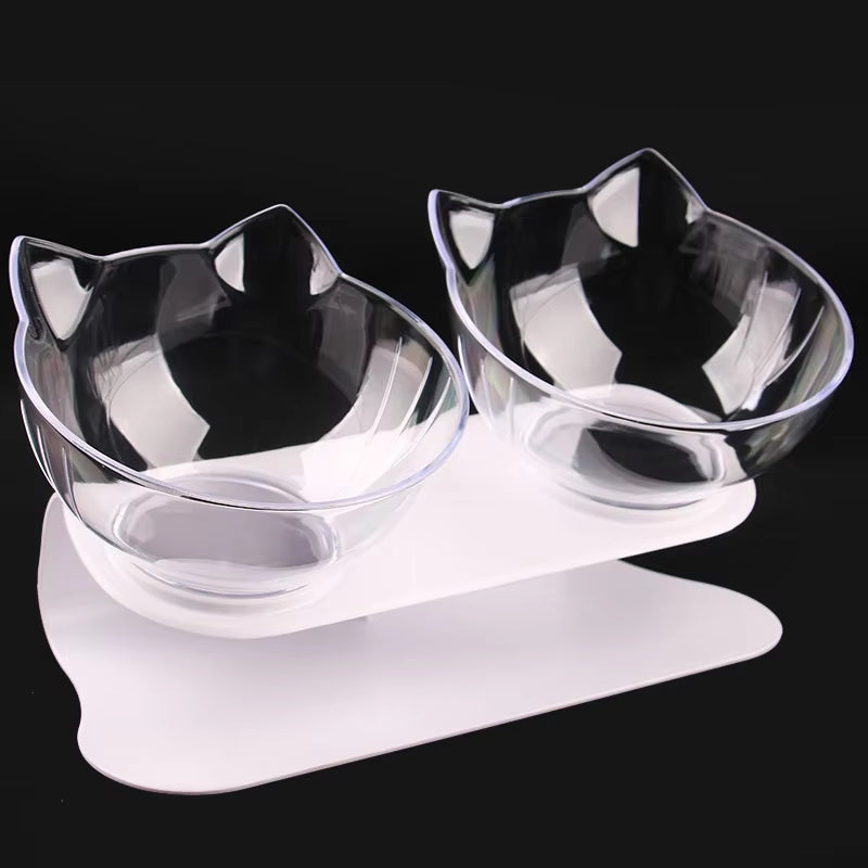Clear Non-Slip Double Cat Bowl Pet Water Food Inclination Stand Cats Kitten Feeder Feeding Bowl