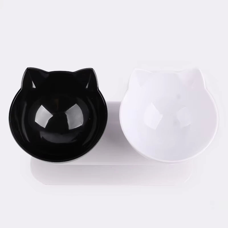 Black & White Double Cat Bowl Pet Water Food Inclination Stand Cats Kitten Feeder Feeding Bowl