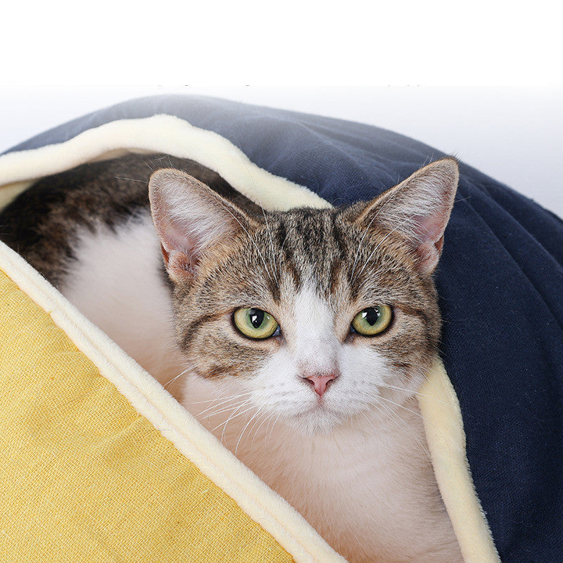 Cat inside Semi-enclosed Pet Nest Cat Bed with round, fan-shaped design