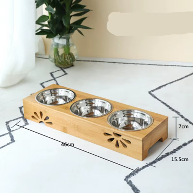 Bamboo Pet bowl holder and 3 stainless steel bowls Dimensions