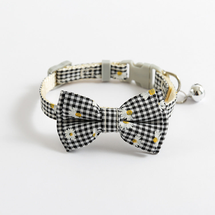 Black Check with White Daisies Stylish Cat Collar with Safety Buckle, Bell & Attractive Bow