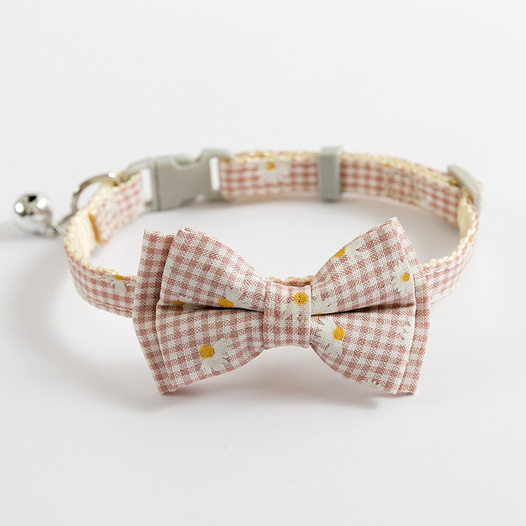 Pink Check with White Daisies Stylish Cat Collar with Safety Buckle, Bell & Attractive Bow