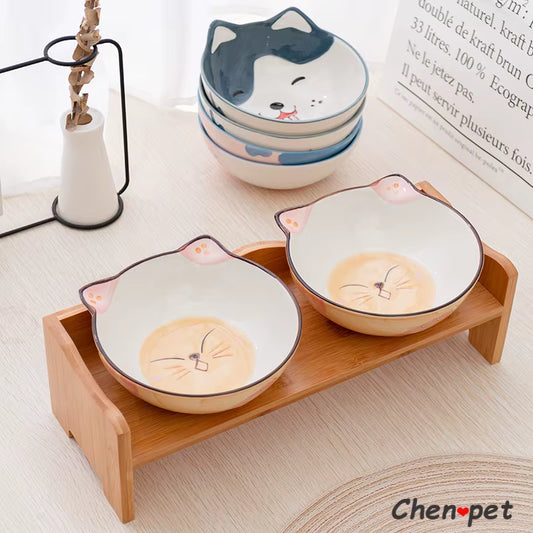 Cute Ceramics Pet Food Bowl Pet Supplies Ceramic Bowl with Wooden Stand