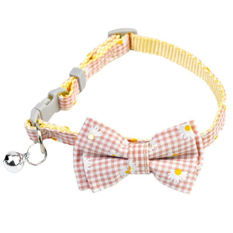Pink with White Daisies Stylish Cat Collar with Safety Buckle, Bell & Attractive Bow