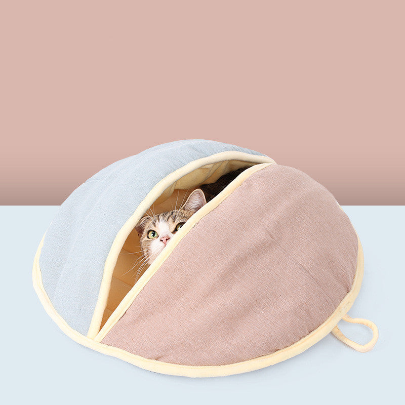 Cat inside Semi-enclosed Pet Nest Cat Bed with round, fan-shaped design