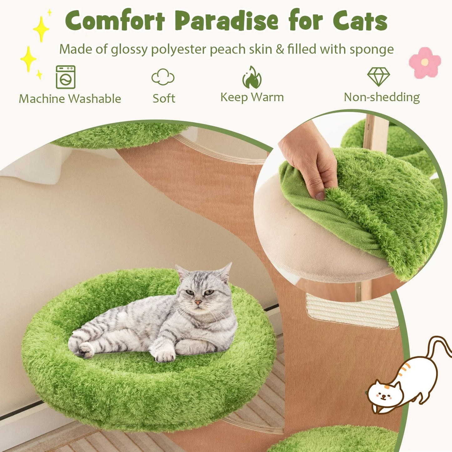 128 Cm Pine Shape Cat Tree Cute Multi-Level Cat Tower with Sisal Scratching Board
