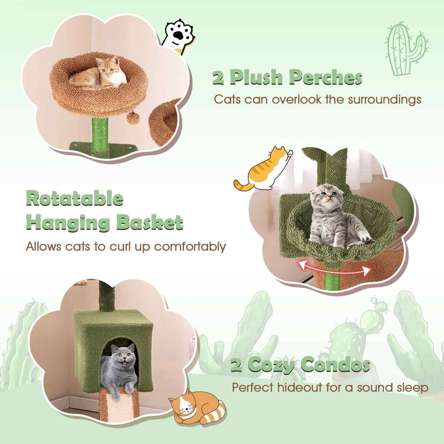 COSTWAY 160 Cm Tall Modern Cat Tree Green Cactus Cat Tower W/Hammock