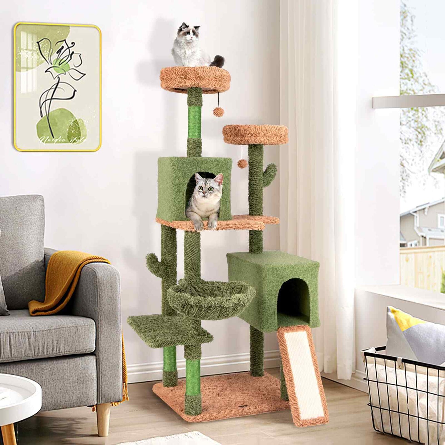 COSTWAY 160 Cm Tall Modern Cat Tree Green Cactus Cat Tower W/Hammock