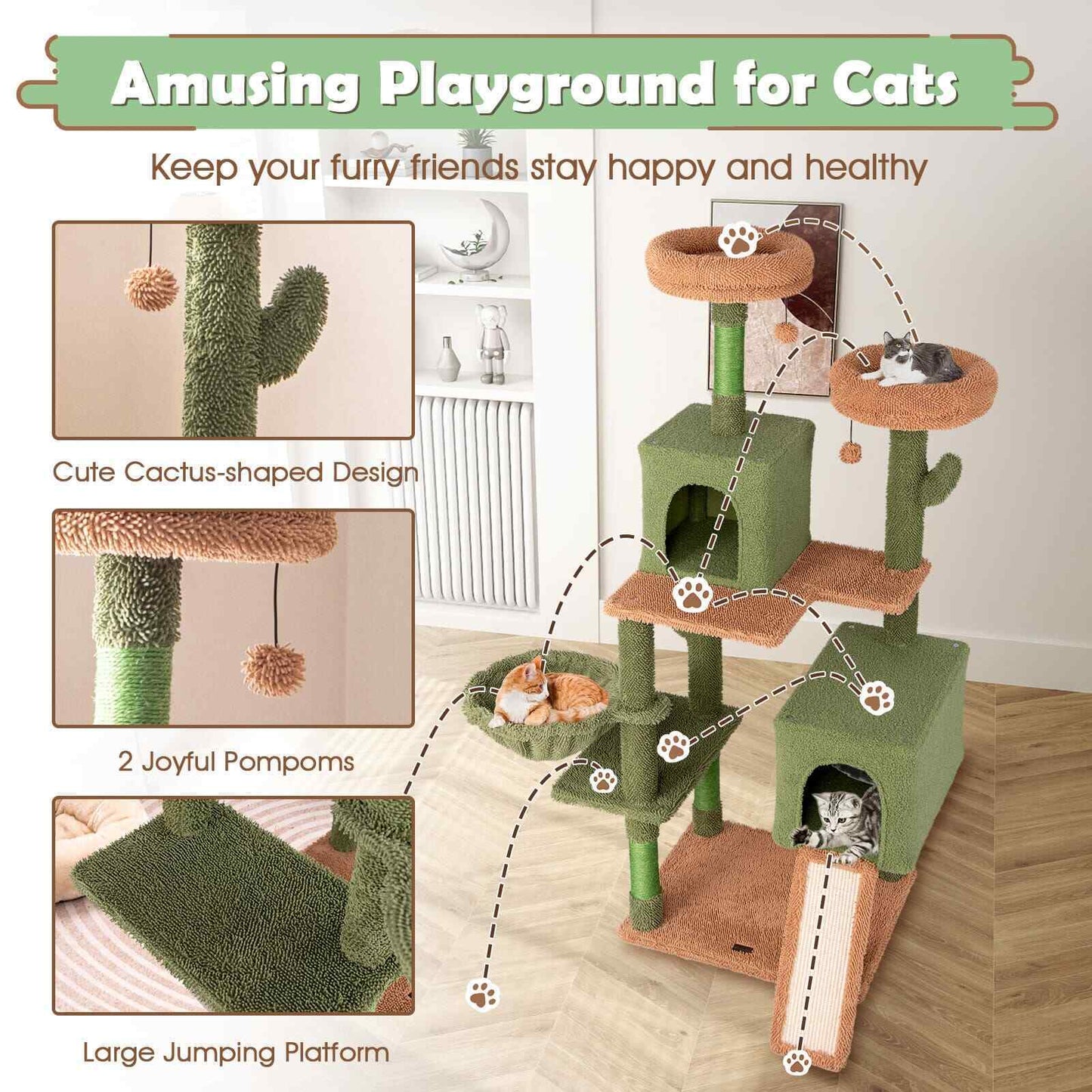 COSTWAY 160 Cm Tall Modern Cat Tree Green Cactus Cat Tower W/Hammock