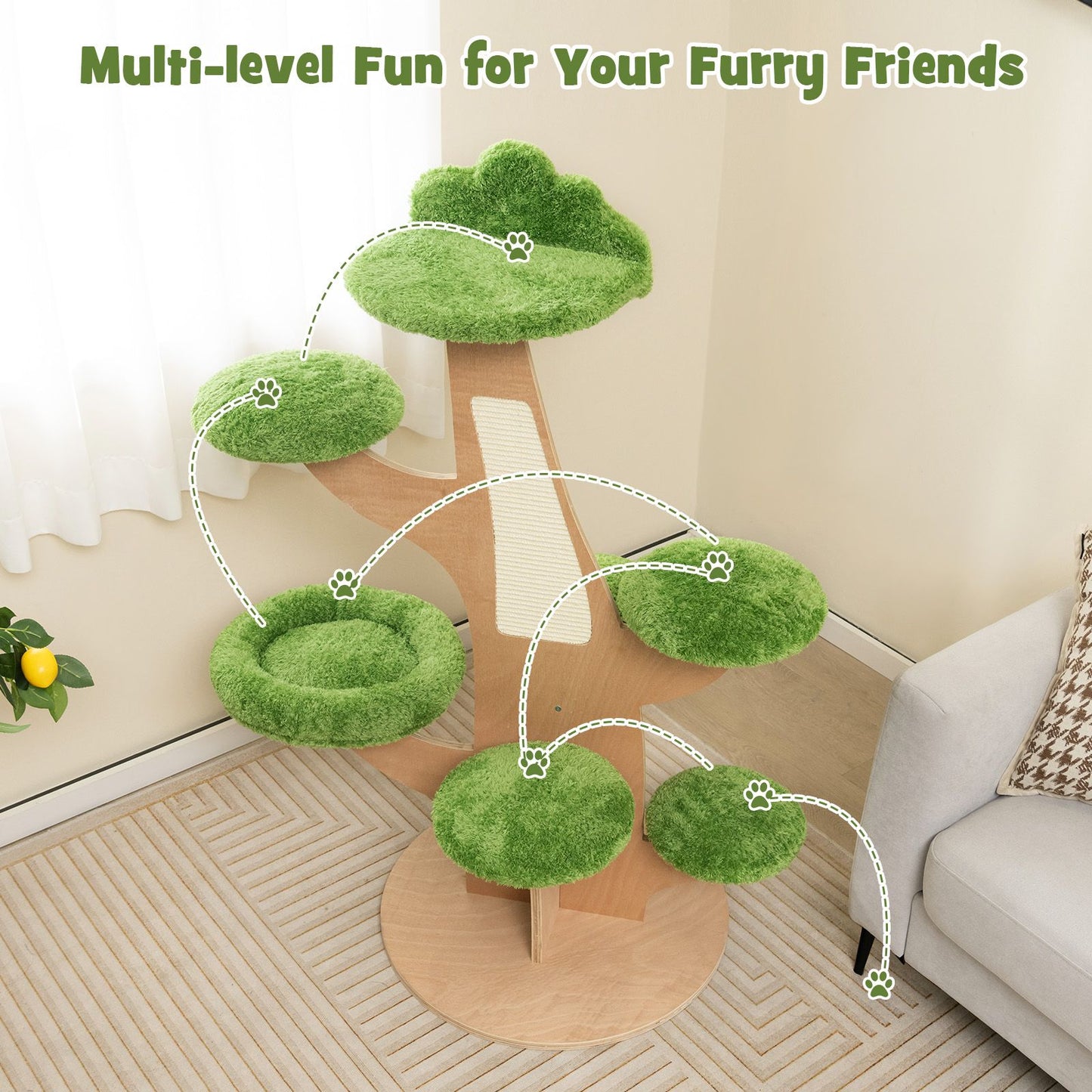128 Cm Pine Shape Cat Tree Cute Multi-Level Cat Tower with Sisal Scratching Board