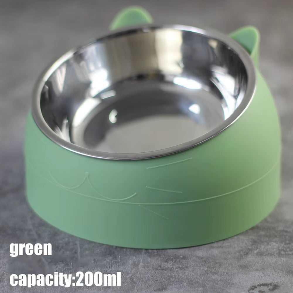 Green Cat Dog Bowl 15 Degrees Raised Stainless Steel Non Slip Cat Bowl Safeguard Neck Cat Feeder