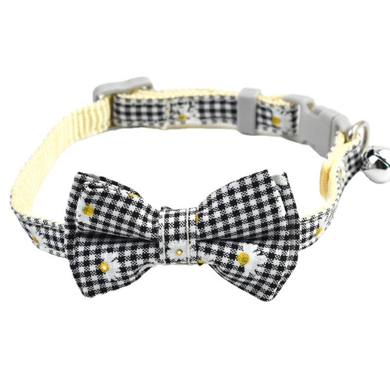 Black Check with White Daisies Stylish Cat Collar with Safety Buckle, Bell & Attractive Bow