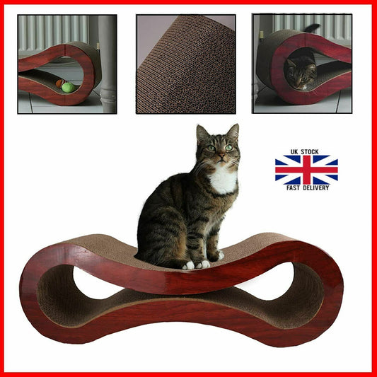 Cat sitting on Scratching Post Lounge Bed, cardboard scratch area and polished wood edging