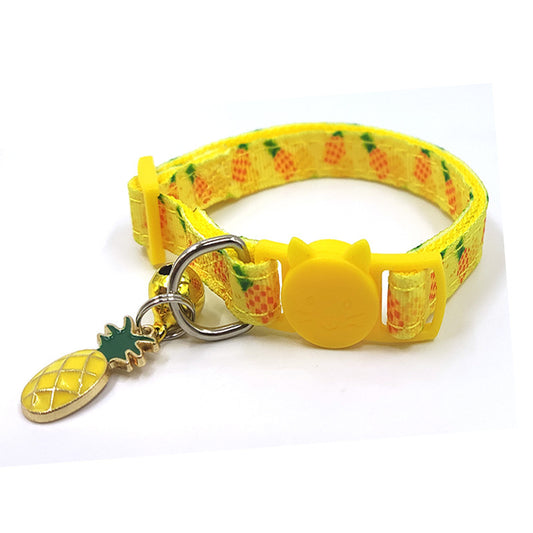Yellow Pineapple Safety Cat Collar with Cute Fruits Print and Bell