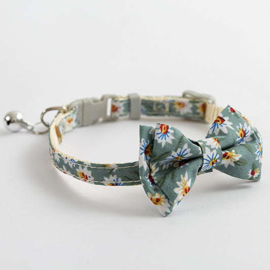 Blue with Sunflowers Stylish Cat Collar with Safety Buckle, Bell & Attractive Bow