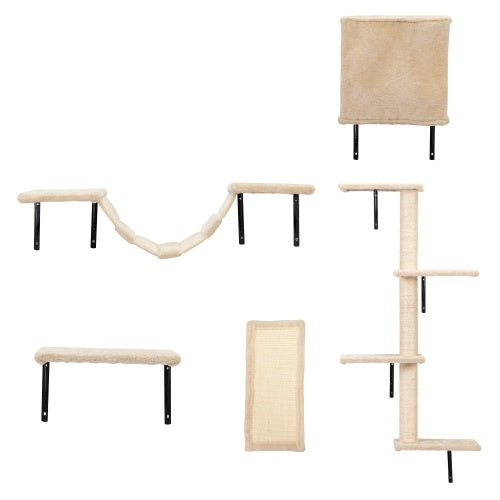 Beige Multi-Level Cat Wall Furniture With Scratch Board Wall Mounted Cat Tree 
