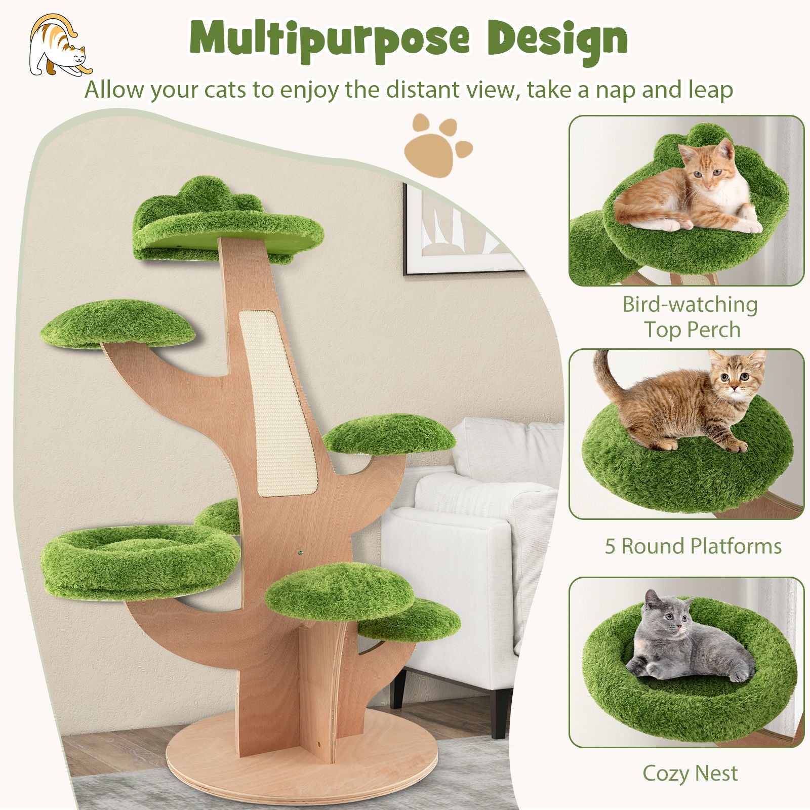 128 Cm Pine Shape Cat Tree Cute Multi-Level Cat Tower with Sisal Scratching Board