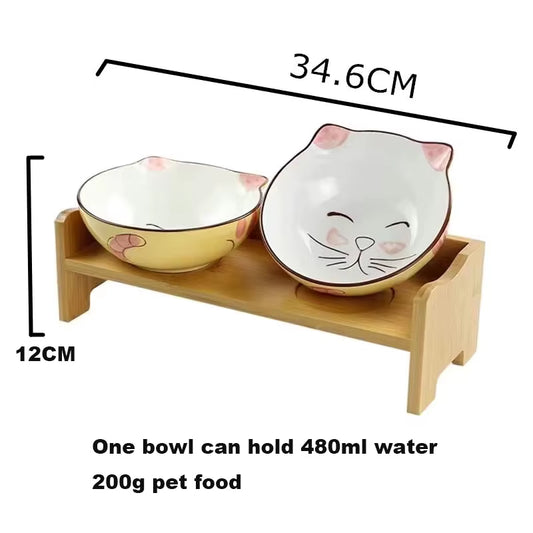 Dimensions of Cute Cat Face Ceramics Double Pet Food Bowl Pet Supplies with Wooden Stand 