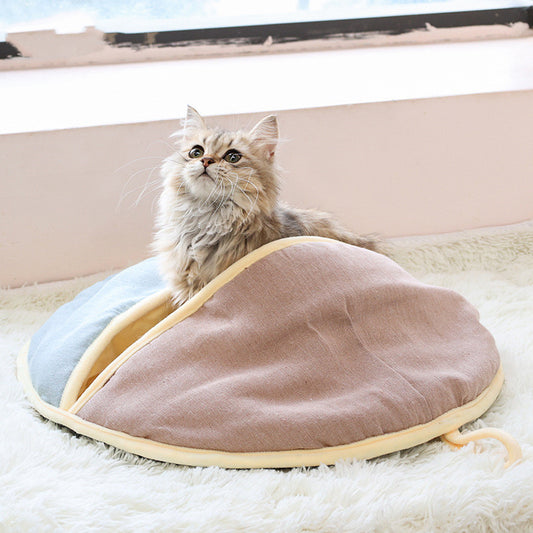 Cat inside Semi-enclosed Pet Nest Cat Bed with round, fan-shaped design
