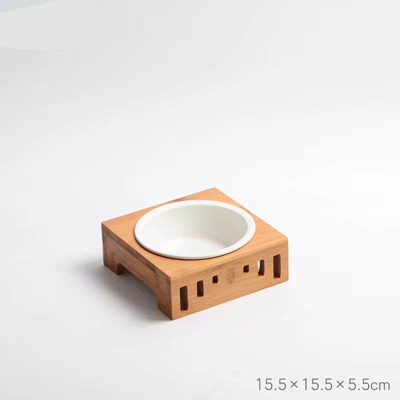 Bamboo Pet bowl holder and 1 Ceramic bowl 