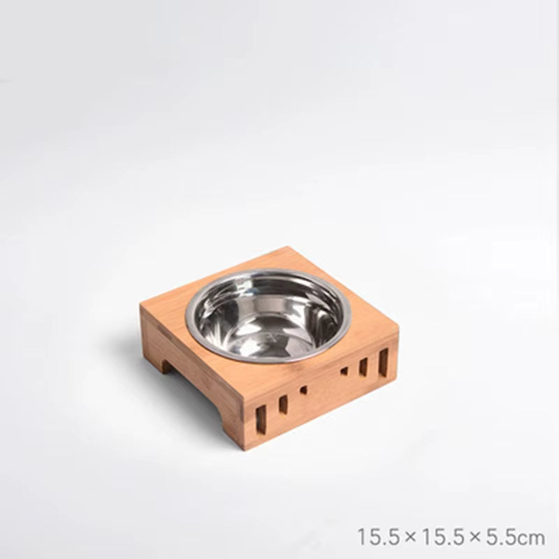 Bamboo Pet bowl holder and 1 stainless steel bowls