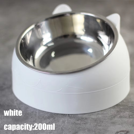 White Cat Dog Bowl 15 Degrees Raised Stainless Steel Non Slip Cat Bowl Safeguard Neck Cat Feeder 
