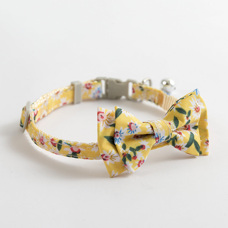 Yellow with Sunflowers Stylish Cat Collar with Safety Buckle, Bell & Attractive Bow