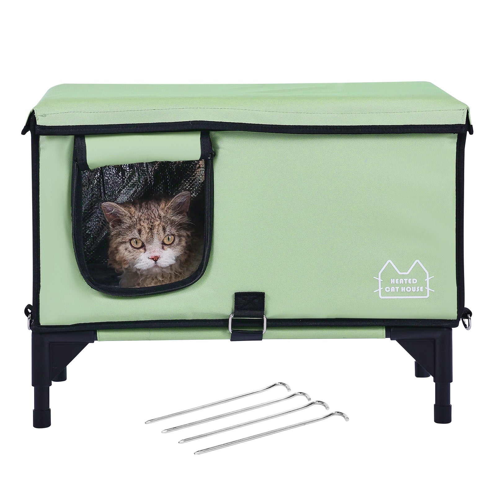 Front View with Cat inside Elevated Heated Cat House 