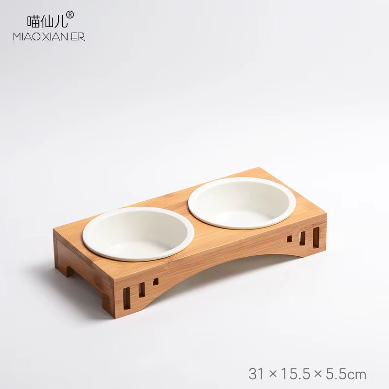 Bamboo Pet bowl holder and 2 Ceramic bowls 
