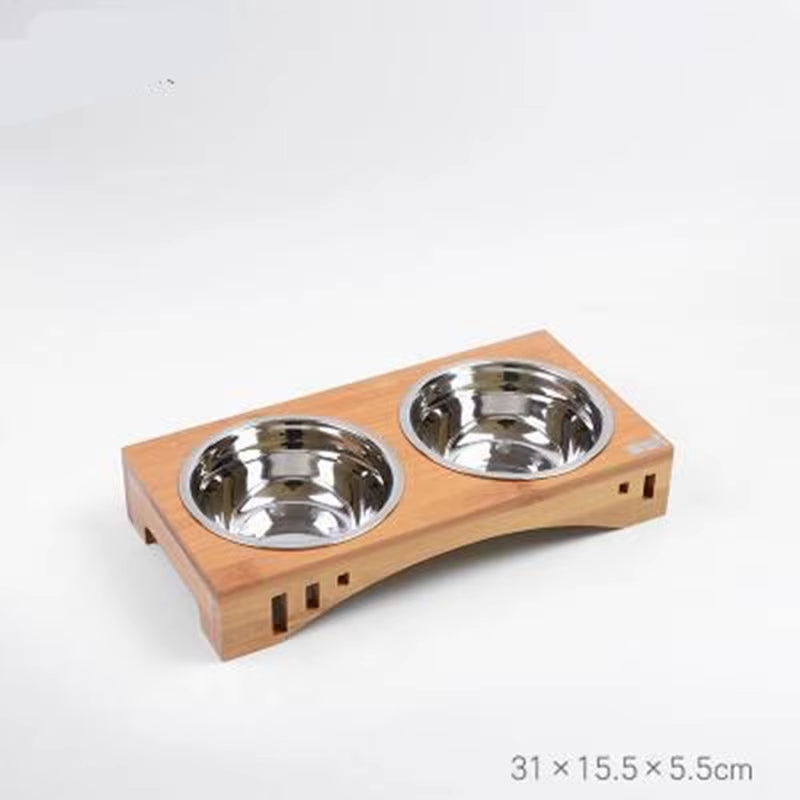 Bamboo Pet bowl holder and 2 stainless steel bowls