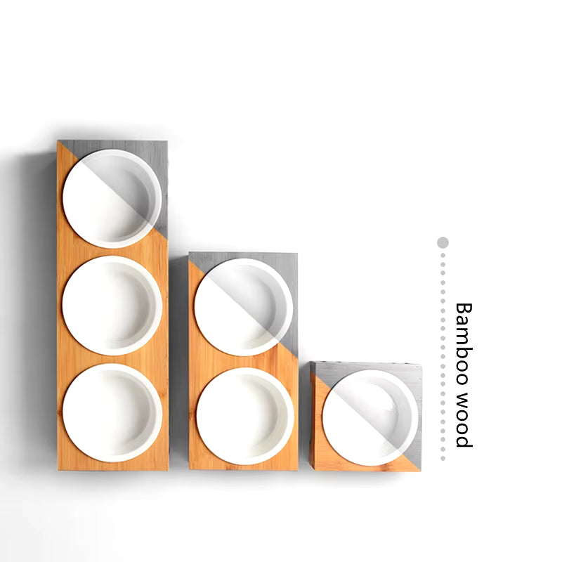 Bamboo Pet bowl holder and 1,2 & 3 Ceramic bowls 