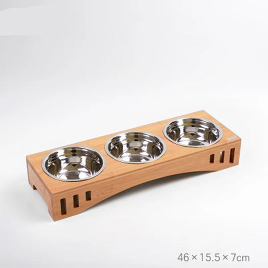 Bamboo Pet bowl holder and 3 stainless steel bowls 