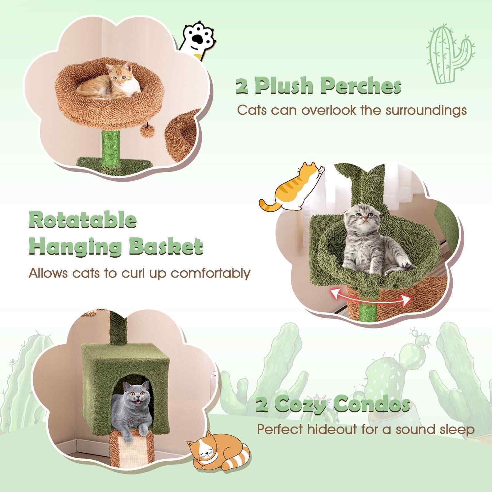 COSTWAY 160 Cm Tall Modern Cat Tree Green Cactus Cat Tower W/Hammock