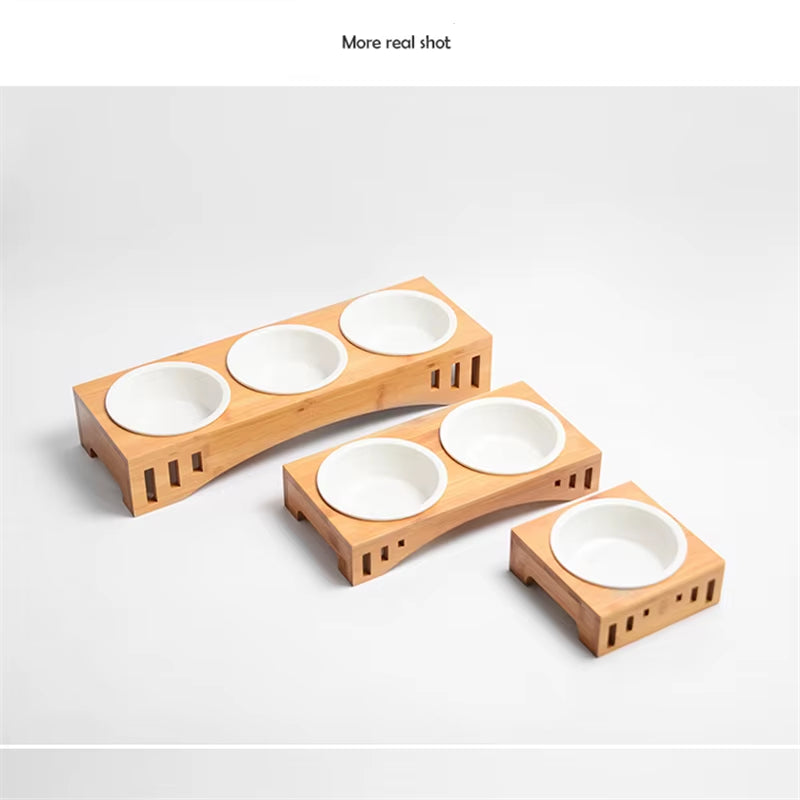 Bamboo Pet bowl holder and 1,2 & 3 Ceramic bowls 
